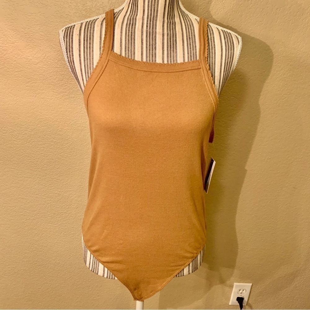 NWT Bodysuit Large BP Camel Ribbed Sleeveless Tank Trim Detail Cotton Stretch